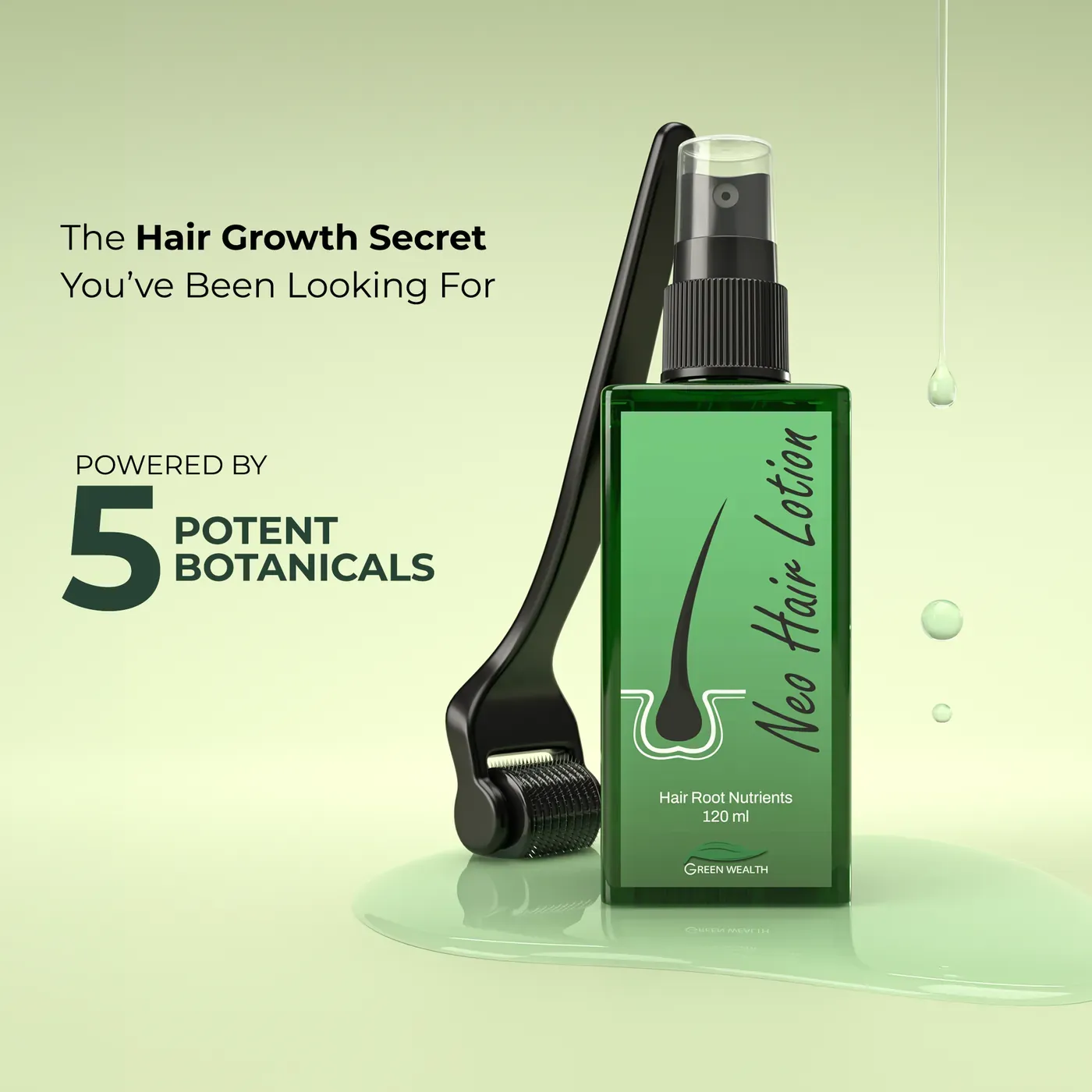 Neo Hair Lotion bottle surrounded by its five botanical actives — ginseng, saw palmetto, horsetail, cantaloupe and false daisy
